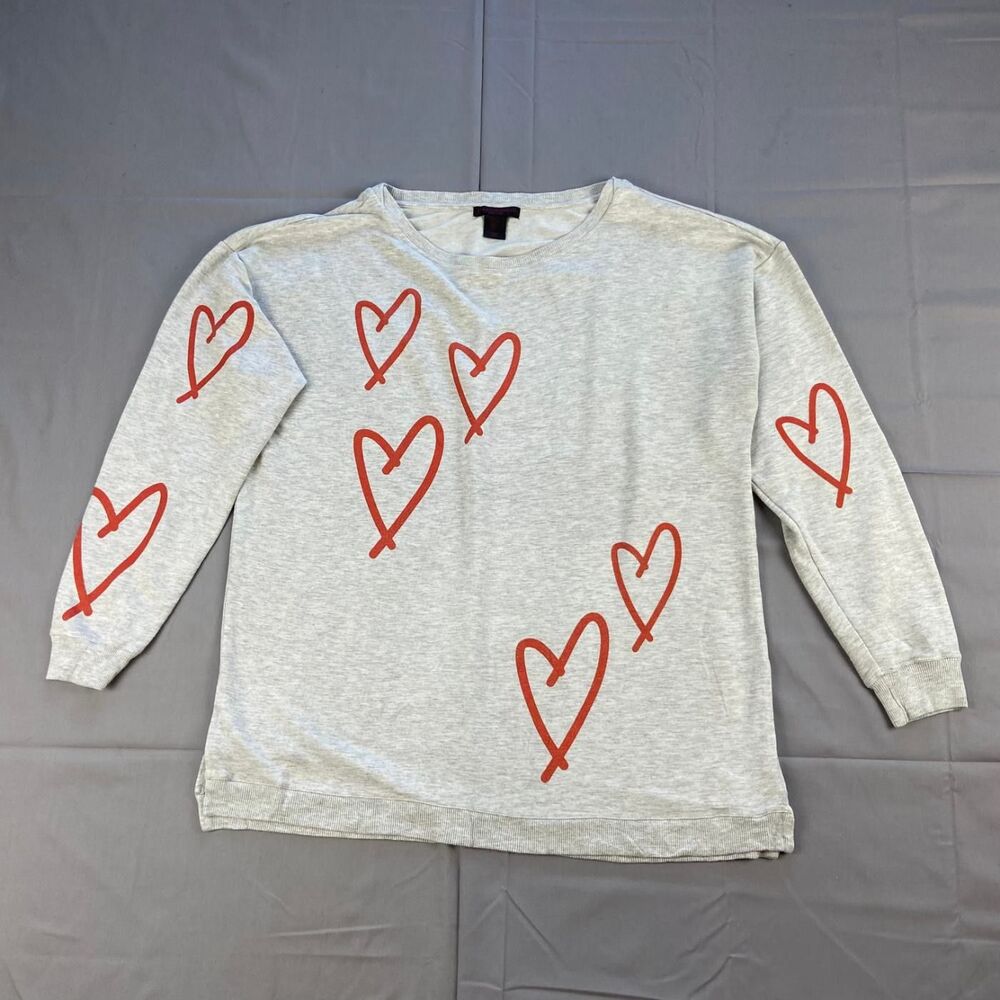 Christian Siriano Women's L Gray Heart Print Long Sleeve Sweatshirt Pullover 62